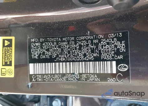 2013 Lexus Es 350 from USA, damaged, VIN JTHBK1GGXD2054295